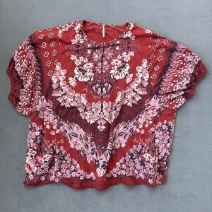Free People Luly Tee Womens Medium Red Floral Short Sleeve Boho Blouse‎ Shirt